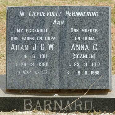BARNARD Adam J.C.W. 1911-1980 &amp; Anna C. SCANLEN 1917-1998