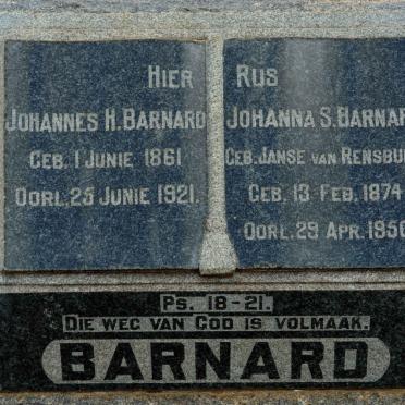 BARNARD Johannes H. 1861-1921 &amp;  Johanna S. JANSE VAN RENSBURG 1974-1950