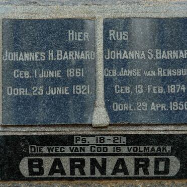 BARNARD Johannes H. 1861-1921 &amp;  Johanna S. JANSE VAN RENSBURG 1974-1950