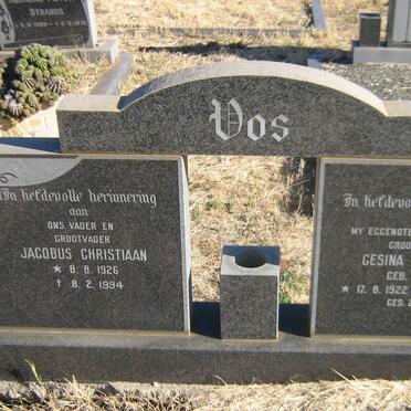 VOS Jacobus Christiaan 1926-1994 &amp; Gesina Aletta M. V. WYK 1922-1979