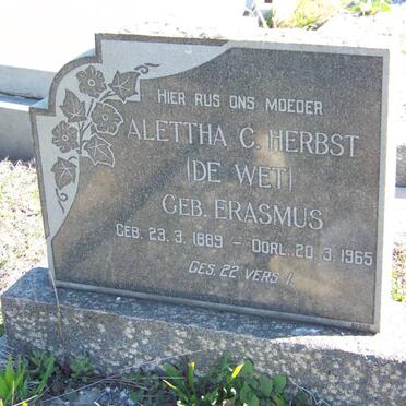 HERBST Alettha C. voorheen DE WET nee ERASMUS 1889-1965