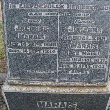 MARAIS Jacobus 1865-1934 &amp; Johanna Magdalena MARE 1871-1943