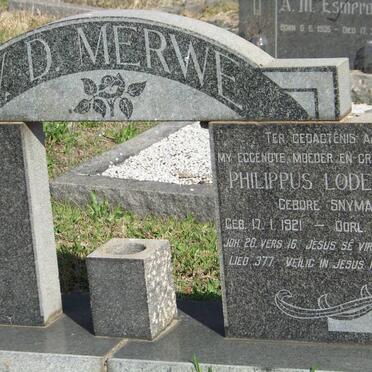 MERWE Philippus Lodewikus, v.d. nee SNYMAN 1921-1965