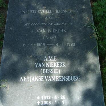 NIEKERK J,. van 1909-1969 &amp; A.M.E. JANSE VAN RENSBURG 1912-2008