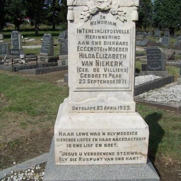 NIEKERK Hilda Elizabeth, van nee DE VILLIERS 1871-1923