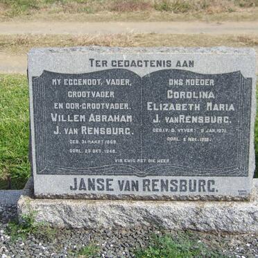 RENSBURG Willem Abraham, Janse van 1869-1948 &amp; Corolina Elizabeth Maria V.D. VYVER 1871-1955