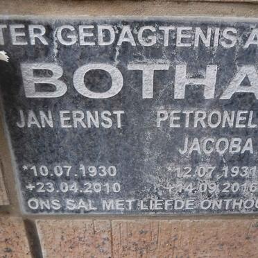 BOTHA Jan Ernst 1930-2010 &amp; Petronella Jacoba 1931-2016