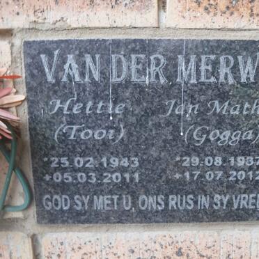 MERWE Jan Mathys, van der 1937-2012 &amp; Hettie 1943-2011