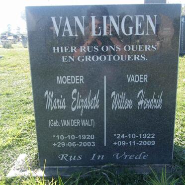LINGEN Willem Hendrik, van 1922-2009 &amp; Maria Elizabeth VAN DER WALT 1920-2003