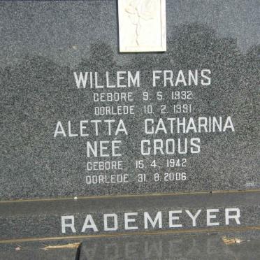 RADEMEYER Willem Frans 1932-1991 &amp; Aletta Catharina CROUS 1942-2006