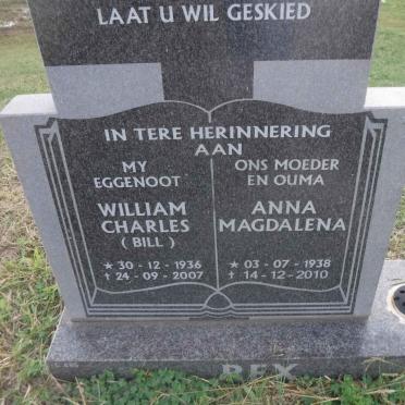 REX William Charles 1936-2007 &amp; Anna Magdalena 1938-2010