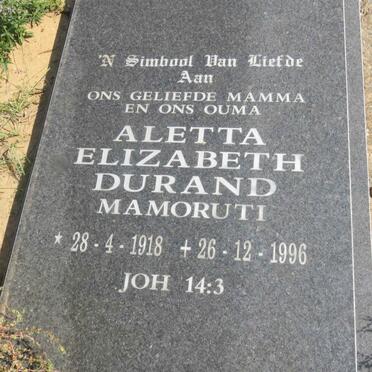 DURAND Aletta Elizabeth 1918-1996