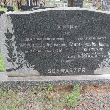 SCHWARZER William Francis 1887-1945 &amp; Anna Jacoba Johanna LE ROUX 1895-1963