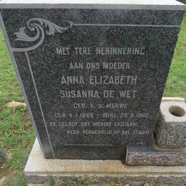 WET Anna Elizabeth Susanna, de nee VAN DER MERWE 1869-1960