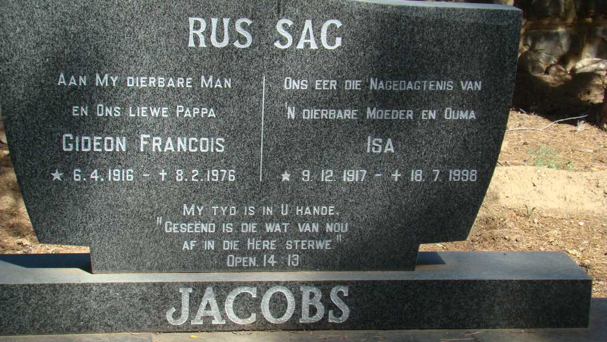 JACOBS Gideon Francois 1916-1976 &amp; Isa 1917-1998