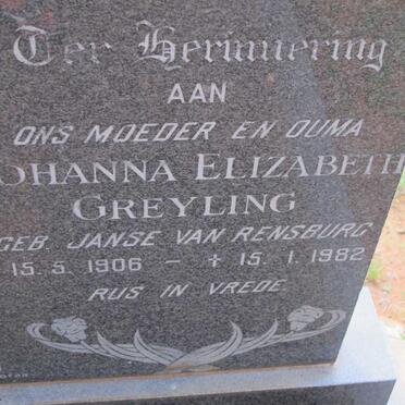 GREYLING Johanna Elizabeth nee JANSE VAN RENSBURG 1906-1982