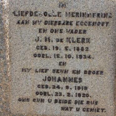 KLERK J.H., de 1882-1934 :: DE KLERK Johannes 1919-1920 :: DE KLERK Hermina Aletta 1899-1947