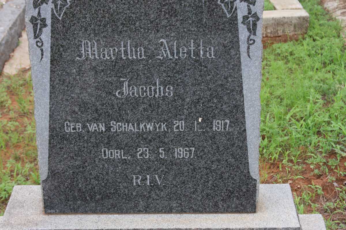 JACOBS Martha Aletta nee V. SCHALKWYK 1917-1967