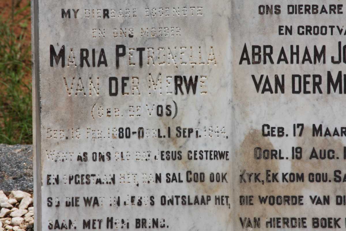 MERWE Abraham Johannes, v.d. 1879-1964 &amp; Maria Petronella DE VOS  1880-1944