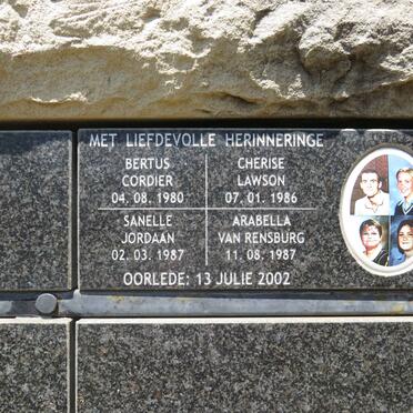 CORDIER Bertus 1980-2002 :: LAWSON Cherise 1986-2002 :: JORDAAN Sanelle 1987-2002 :: RENSBURG Arabella, van 1987-2002