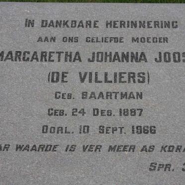 JOOSTE Margaretha Johanna formerly DE VILLIERS nee BAARTMAN 1887-1966