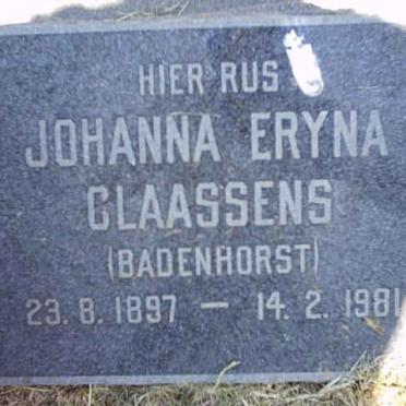 CLAASSENS Johanna Eryna nee BADENHORST 1897-1981
