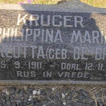 KRUGER Philippina Maria Charlotta nee DE BRUYN 1911-1977