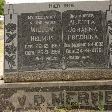MERWE Willem Helmus, v.d. 1883-1958 &amp; Aletta Johanna Fredrika MEIRING 1892-1978