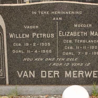 MERWE Willem Petrus, van der 1905-1968 &amp; Elizabeth Maria TERBLANCHE 1908-1969