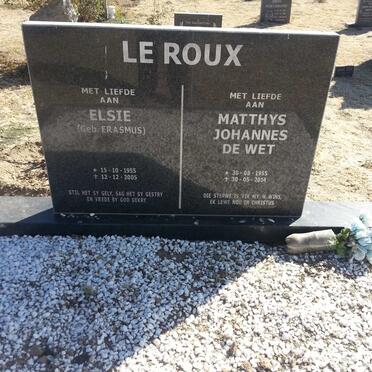 ROUX Matthys Johannes de Wet, le 1955-2014 &amp; Elsie ERASMUS 1955-2005