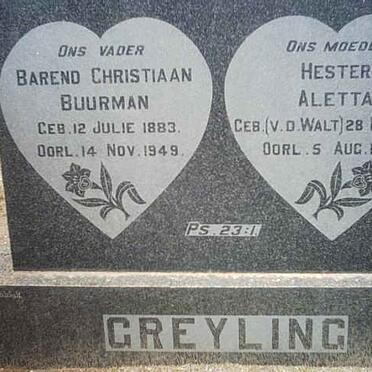 GREYLING Barend Christiaan Buurman 1883-1949 &amp; Hester Aletta V.D. WALT 1881-1943