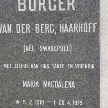 BURGER Maria Magdalena, formerly VAN DER BERG, formerly HAARHOFF nee SWANEPOEL 1910-1979
