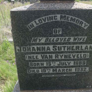 SUTHERLAND Johanna nee VAN RYNEVELD 1889-1932