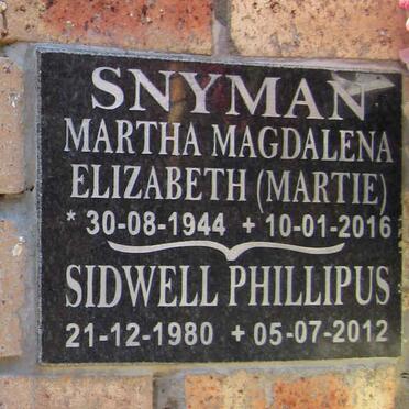 SNYMAN Sidwell Phillipus 1980-2012 &amp; Martha Magdalena Elizabeth 1944-2016