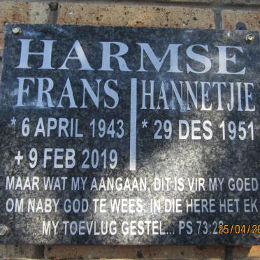 HARMSE Frans 1943-2019 &amp; Hannetjie 1951-