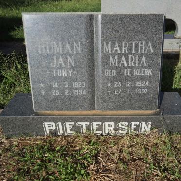 PIETERSEN Human Jan 1923-1994 &amp; Martha Maria DE KLERK 1924-1997
