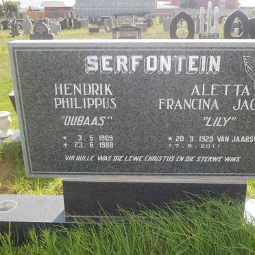 SERFONTEIN Hendrik Philippus 1909-1988 &amp; Aletta Francina Jacoba VAN JAARSVELD 1929-2011
