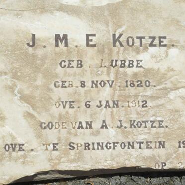 KOTZE J.M.E. nee LUBBE 1820-1912