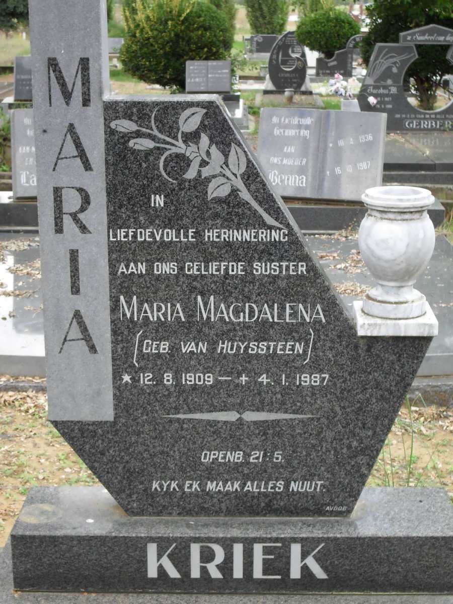 KRIEK Maria Magdalena nee VAN HUYSSTEEN 1909-1987