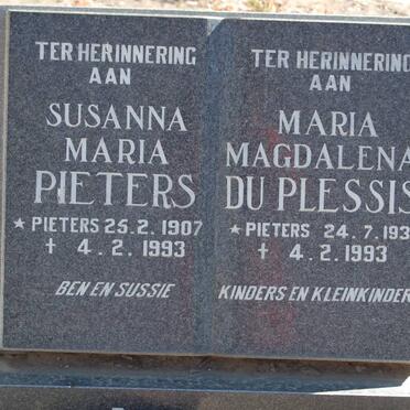 PIETERS Susanna Maria nee PIETERS 1907-1993 :: PLESSIS Maria Magdalena, du nee PIETERS 1935-1993