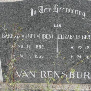 RENSBURG Barend Wilhelm, van 1882-1955 &amp; Elizabeth Gertruida 1892-1989 