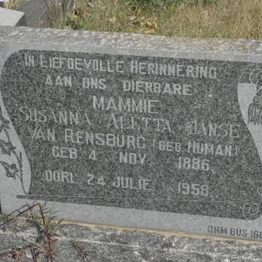 RENSBURG Susanna Aletta, janse van nee HUMAN 1886-1958