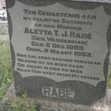 RABE Aletta T.J. nee WASSERMAN 1889-1953
