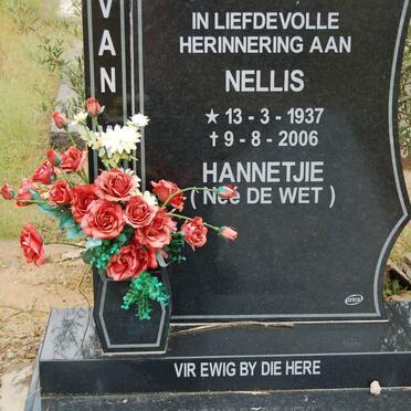W? Nellis, van 1937-2006 &amp; Hannetjie DE WET