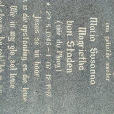 STADEN Maria Susanna Magrietha, van nee DU PLOOY 1945-1997