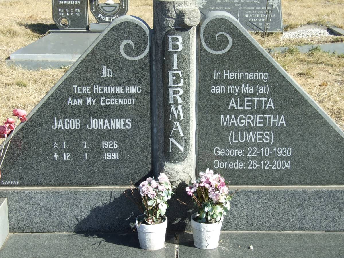 BIERMAN Jacob Johannes 1926-1991 &amp; Aletta Magrietha LUWES 1930-2004