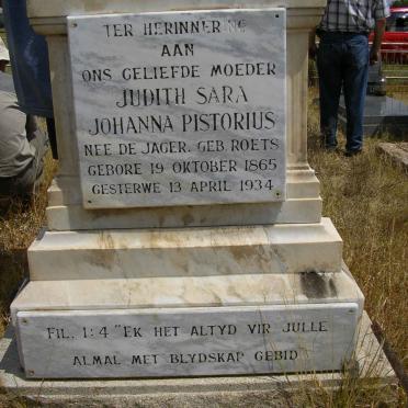 PISTORIUS Judith Sara Johanna nee DE JAGER gebore ROETS 1865-1934