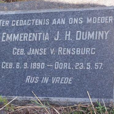 DUMINY Emmerentia J.H. nee JANSE VAN RENSBURG 1890-1957
