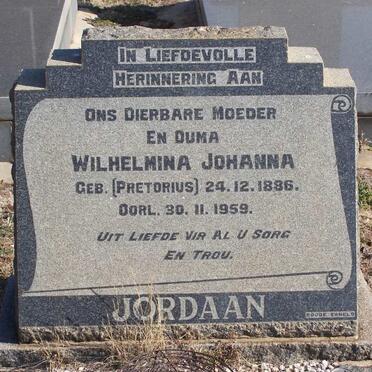 JORDAAN Wilhelmina Johanna nee PRETORIUS 1886-1959