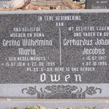 OWEN Gerhardus Johannes Jacobus 1917-1995 &amp; Gesina Wilhelmina Maria REDELINGHUYS 1914-1999